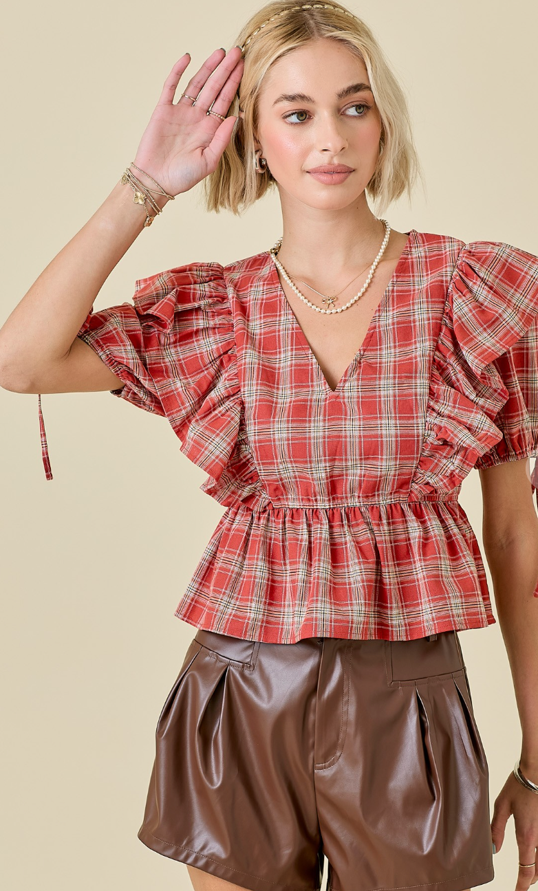 Plaid Babydoll Top with Tie Sleeves