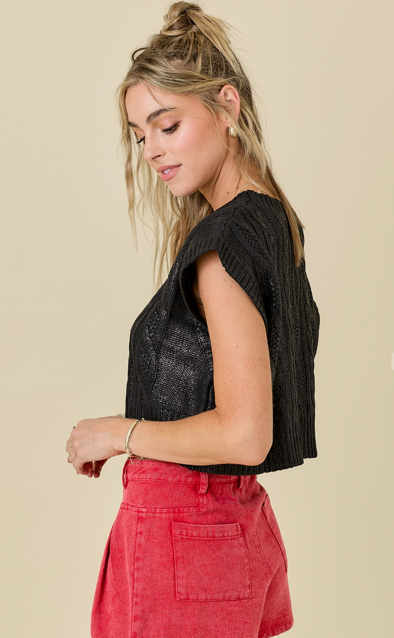 Metallic Coated Boxy Cropped Sweater Top