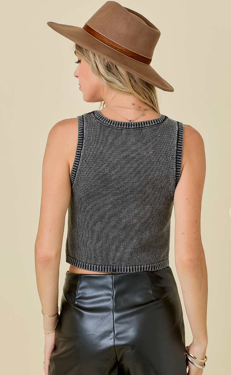 V-Neck Sleeveless Washed Sweater Top