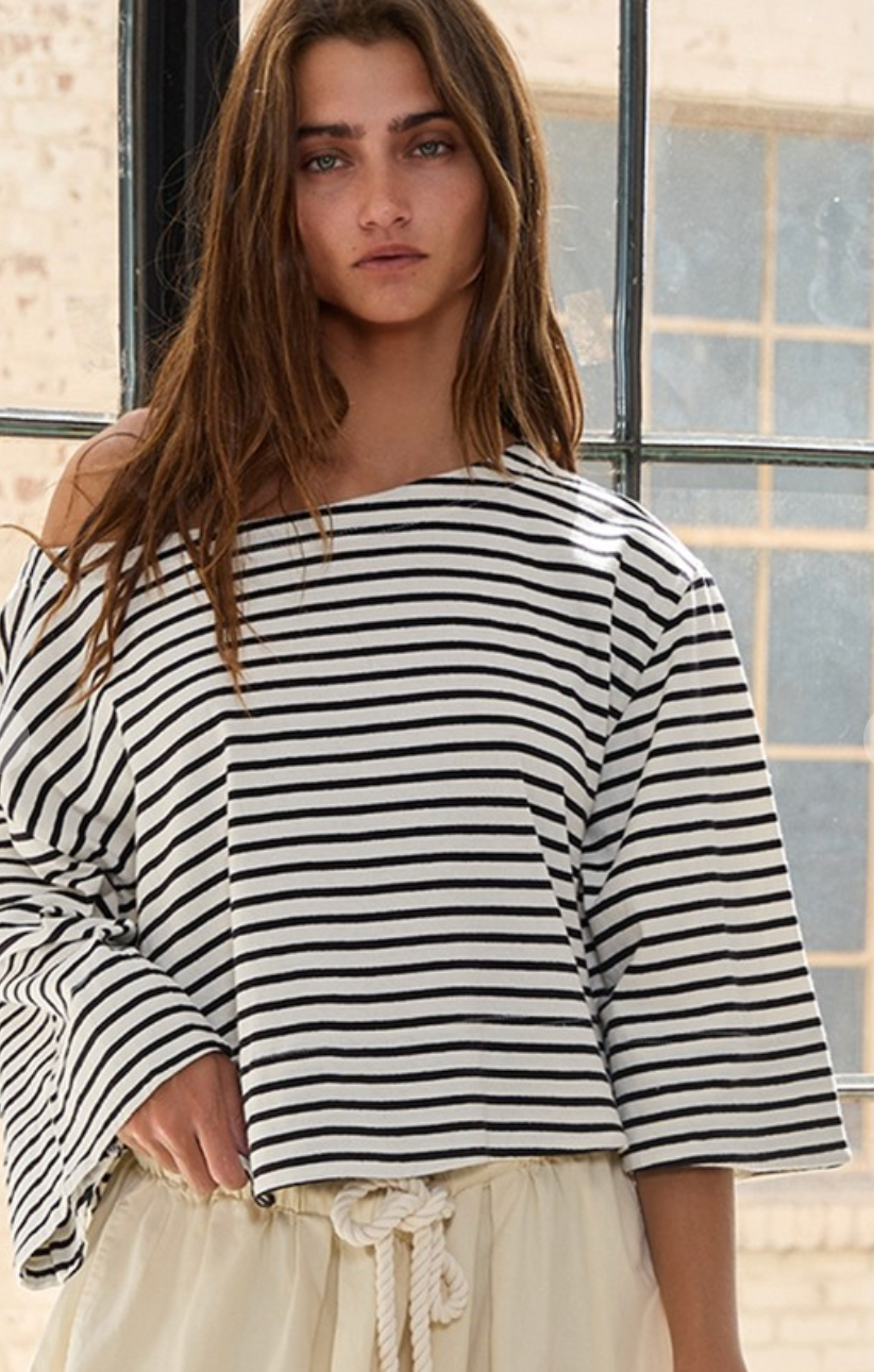 Boat Neck Oversized Striped Crop Tee