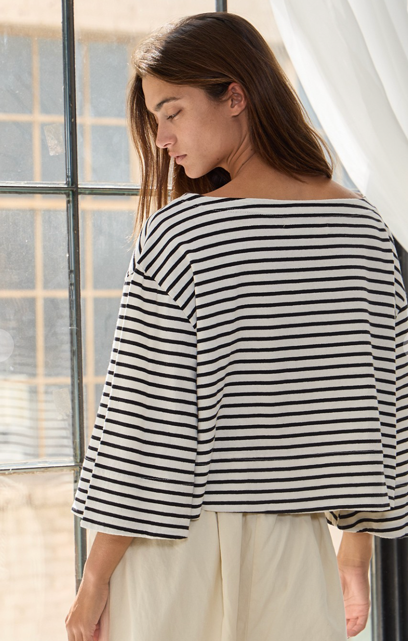 Boat Neck Oversized Striped Crop Tee