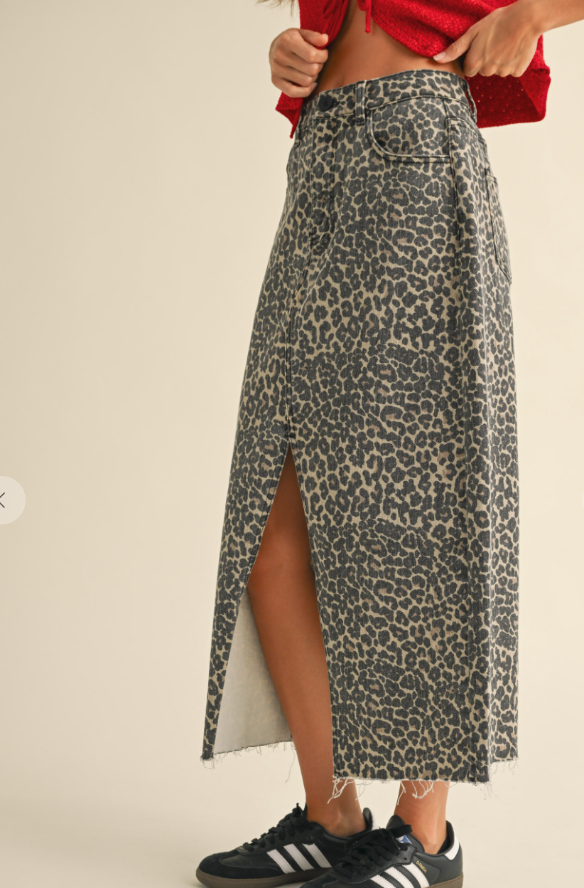 Leopard Print Slit Front Midi Skirt