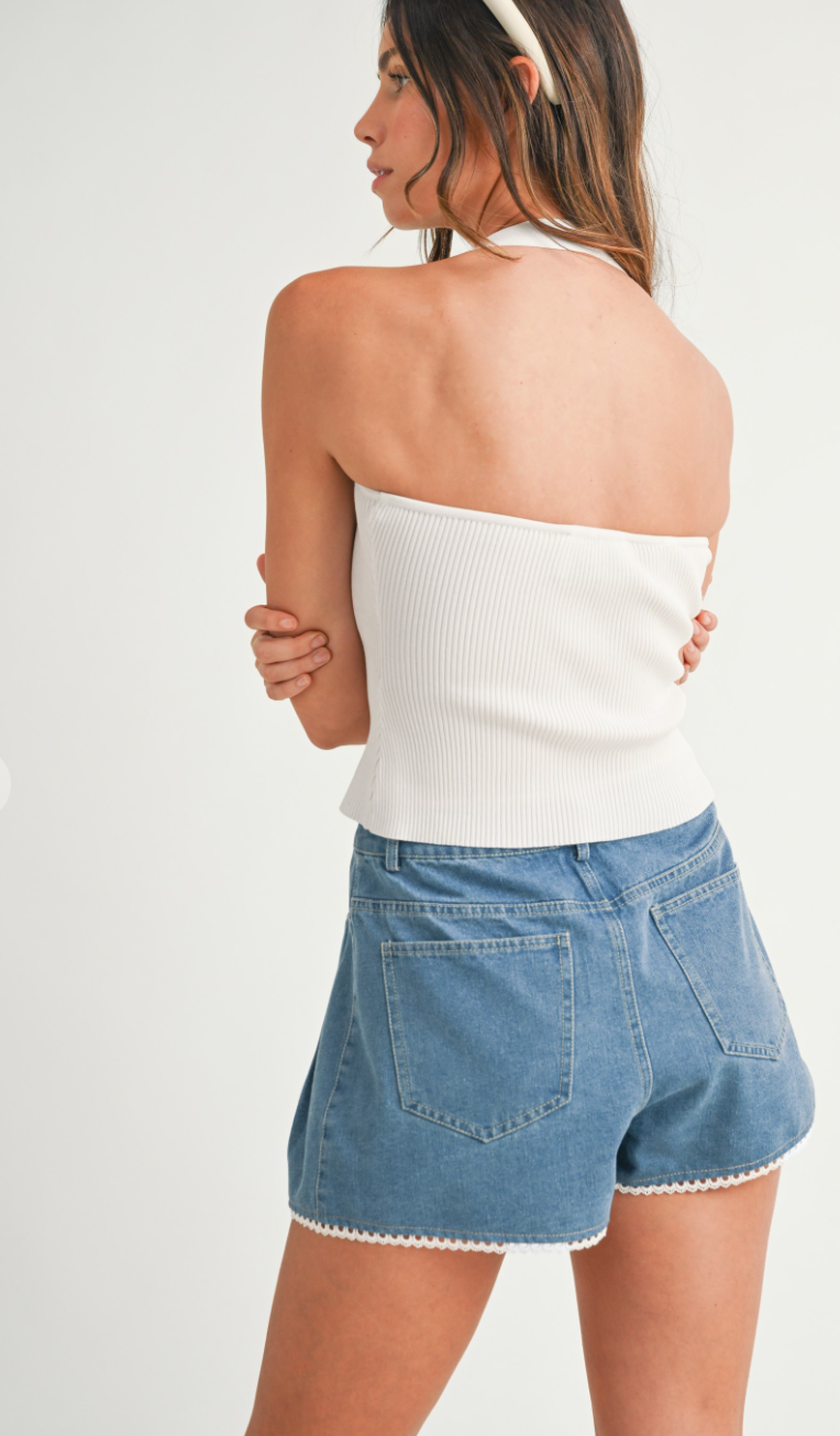Button Front Halter Neck Knit Top