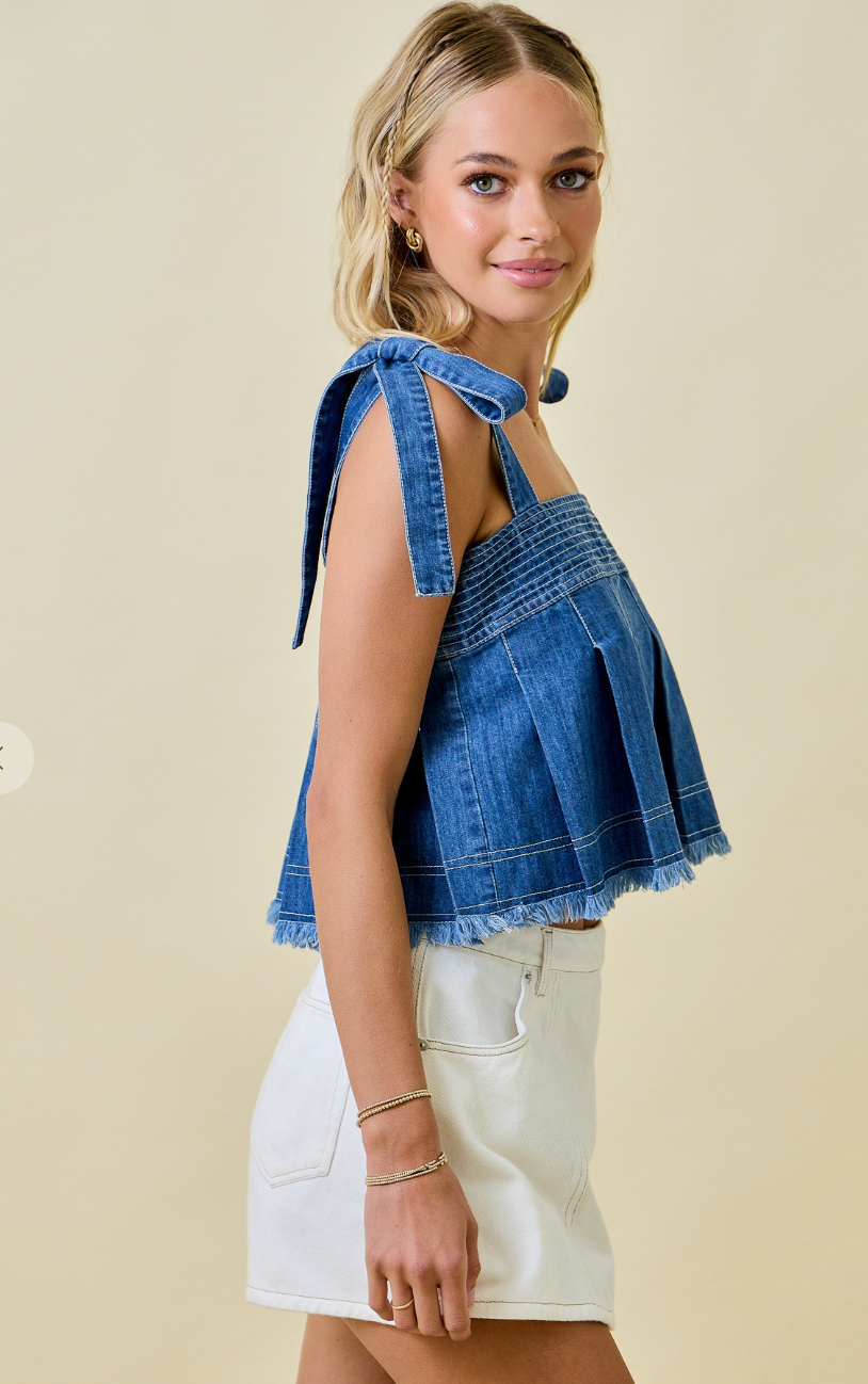 Pleated Denim Crop Top