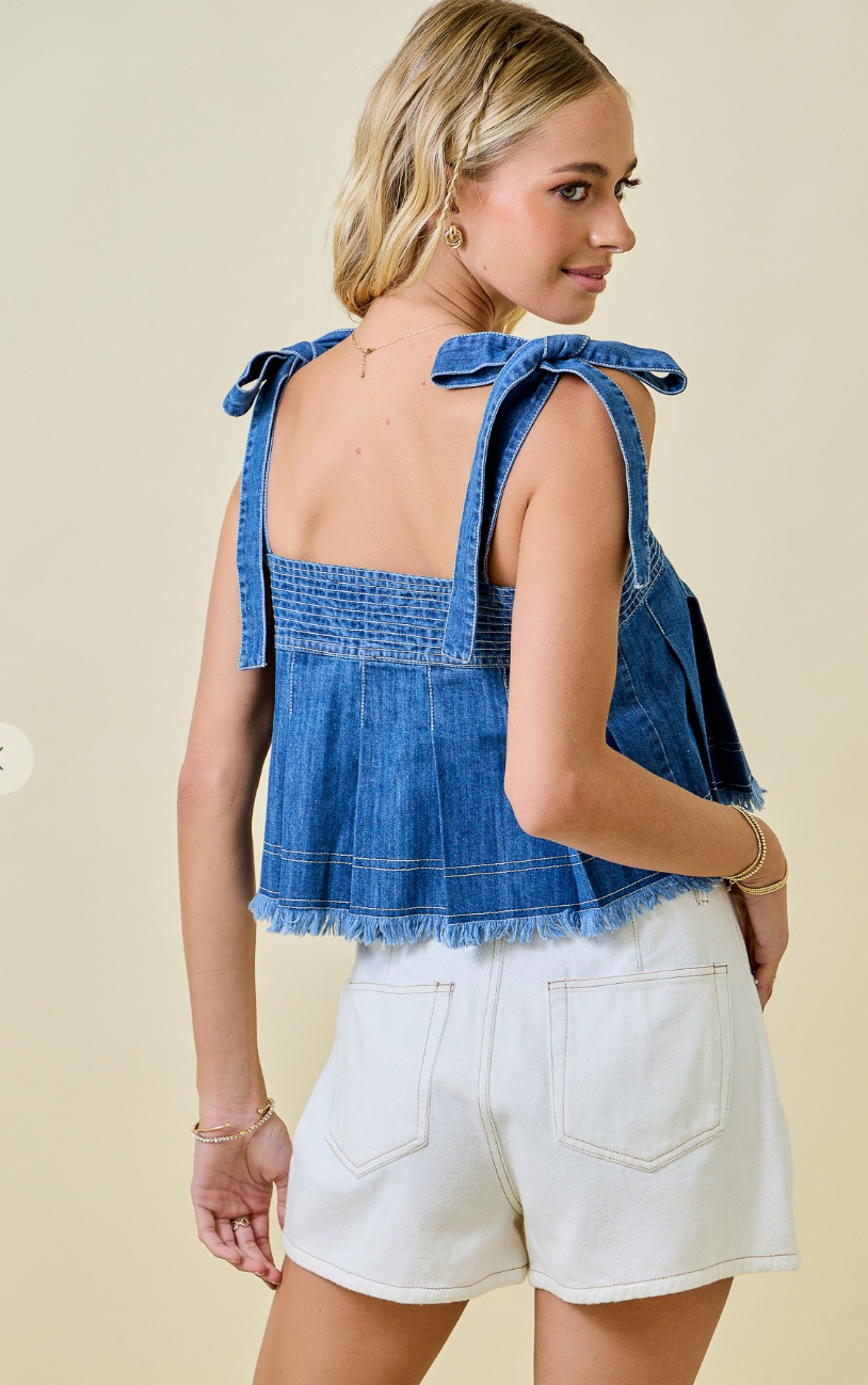Pleated Denim Crop Top
