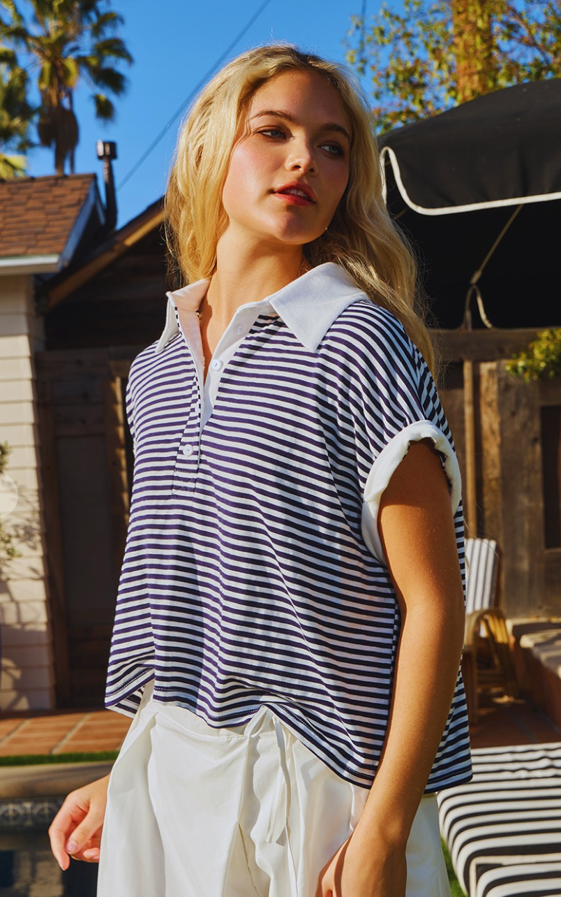Collared V-Neck Stripe Top