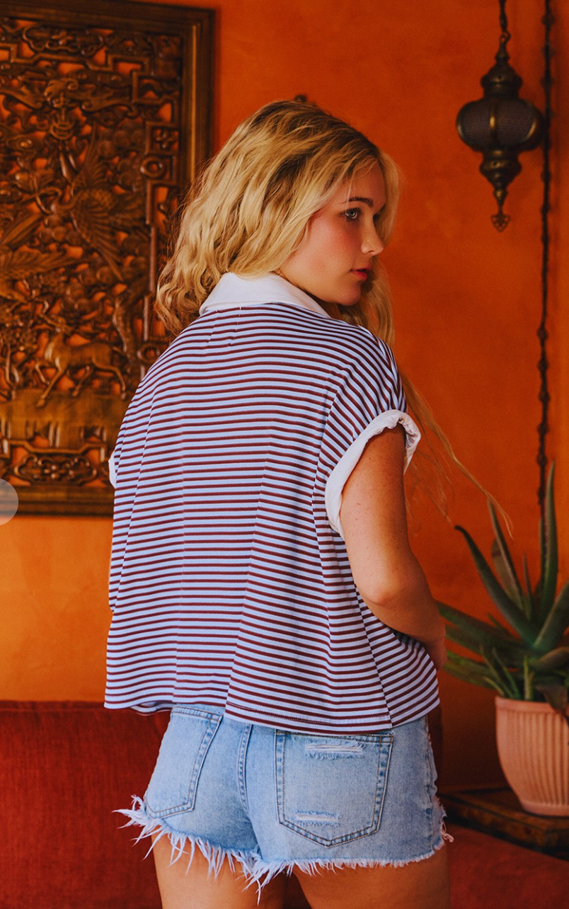 Collared V-Neck Stripe Top
