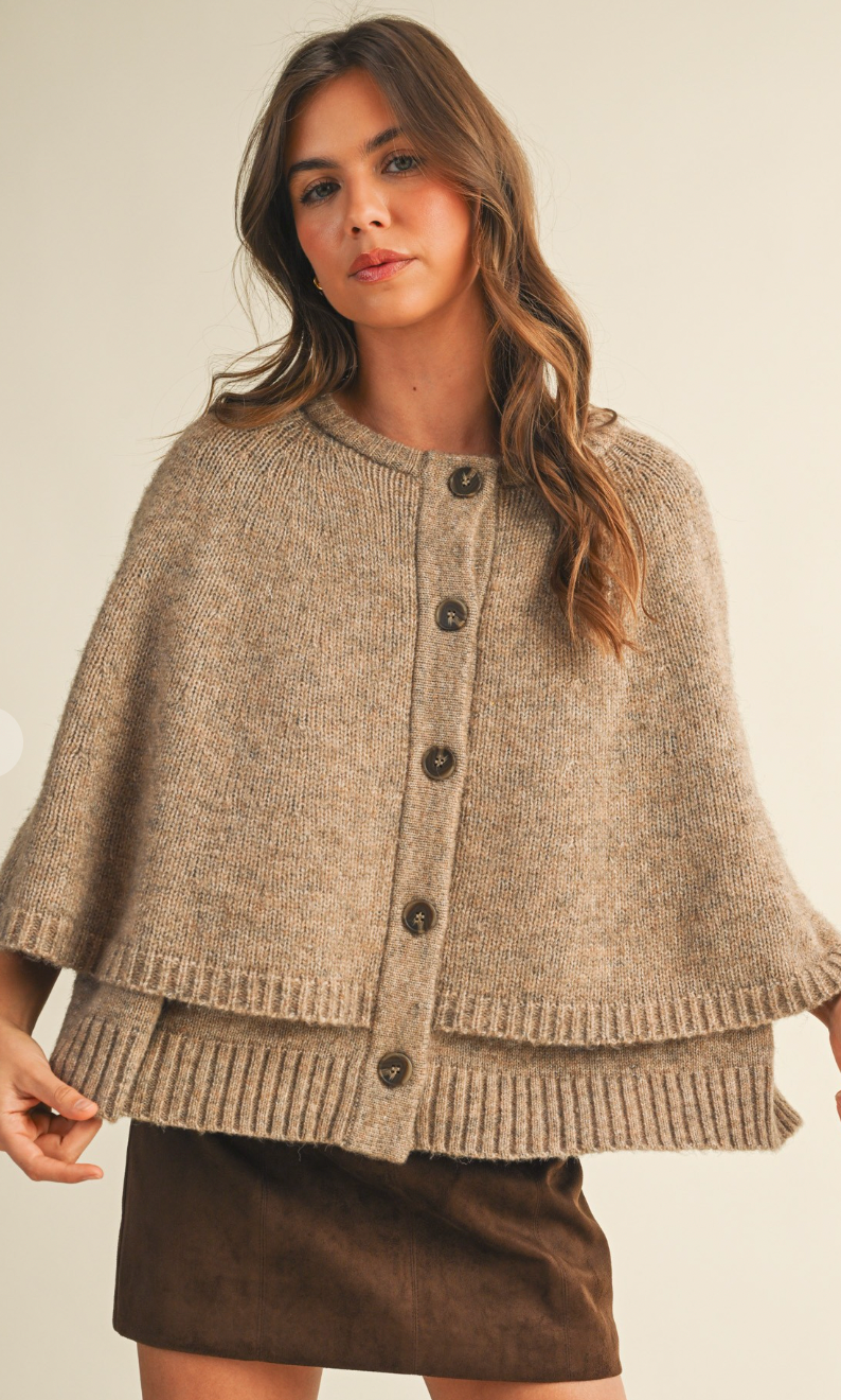 Button Closure Sweater Cape Cardigan