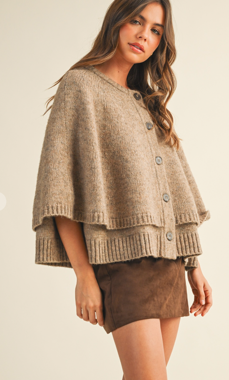 Button Closure Sweater Cape Cardigan