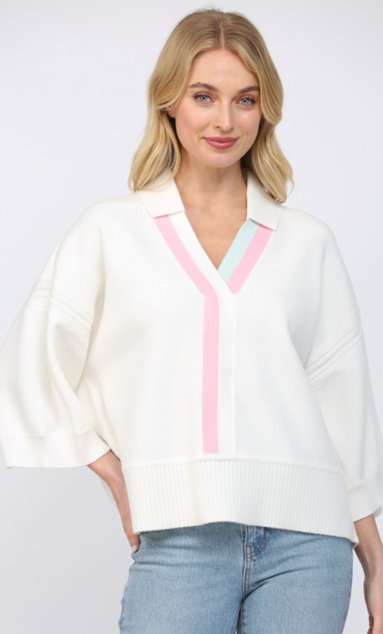 Striped V Neck 3/4 Sleeve Sweater