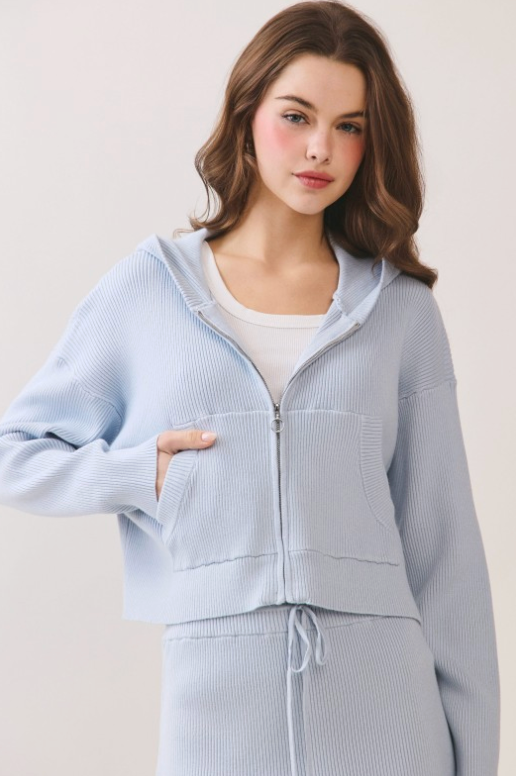Front Pocket Stretchy Ribbed Knit Zip Up Hoodie