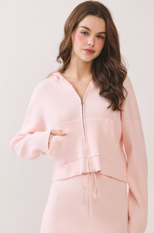 Front Pocket Stretchy Ribbed Knit Zip Up Hoodie