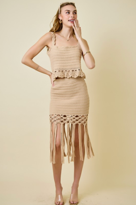 Crochet Knit Mini Skirt With Fringe
