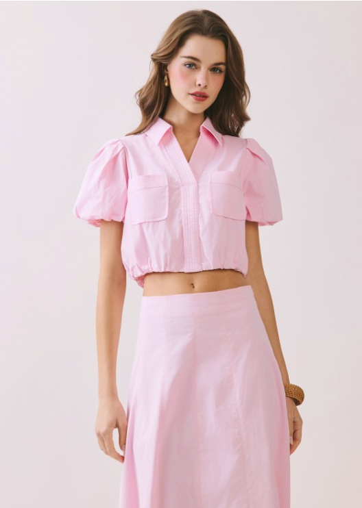 Bubble Sleeves Contrast Topstitching Detail Top