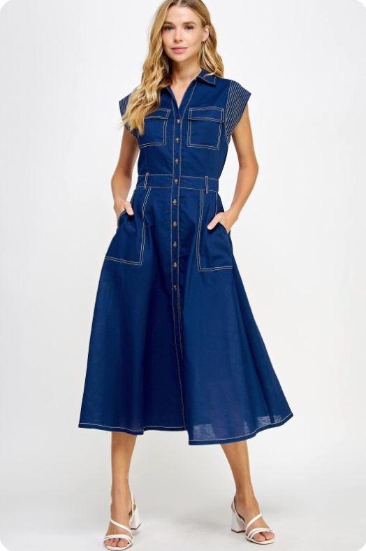 Top-stitch Sleeveless Linen Midi Dress