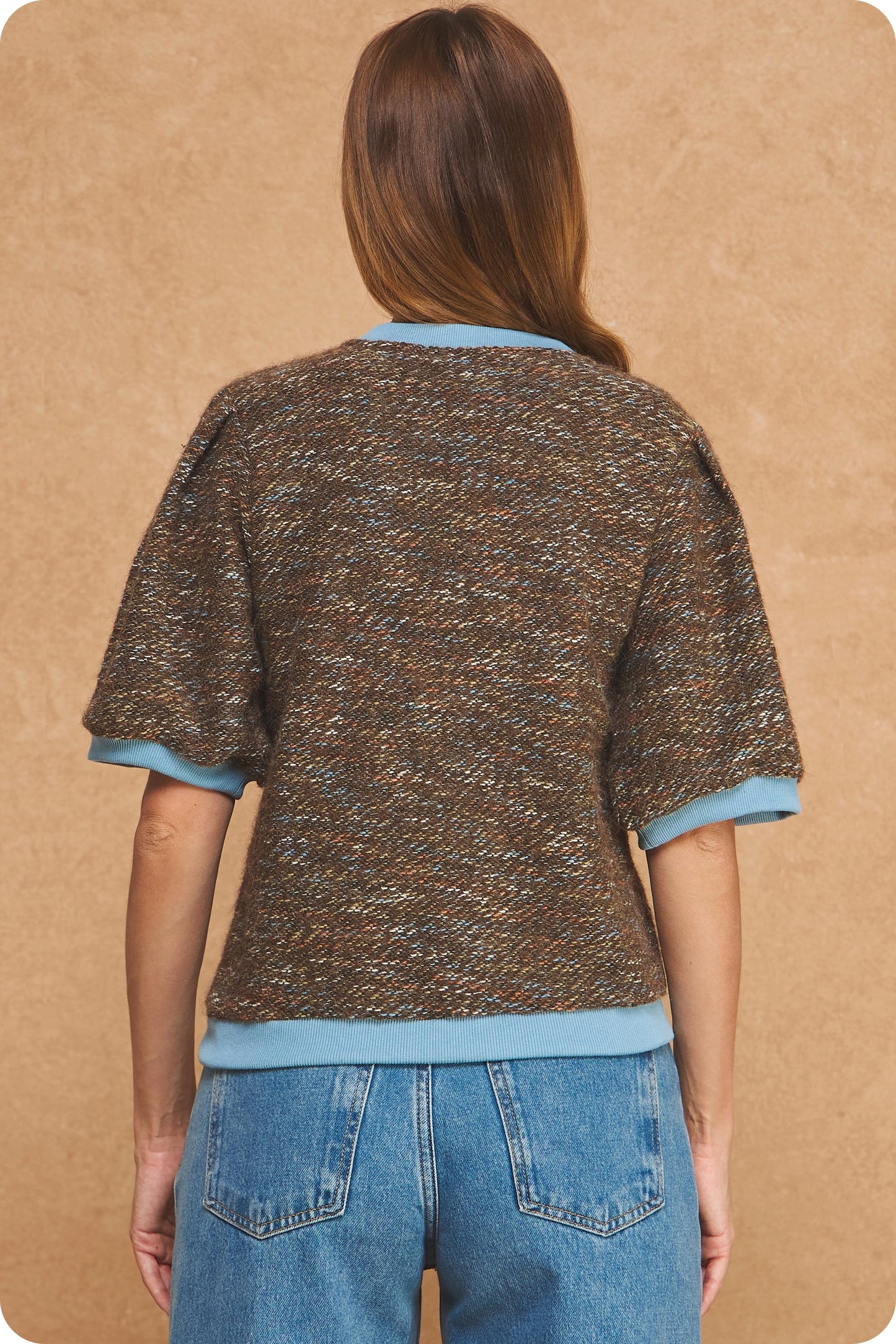 Marled Ribbed Contrast Puff Sleeve Sweater
