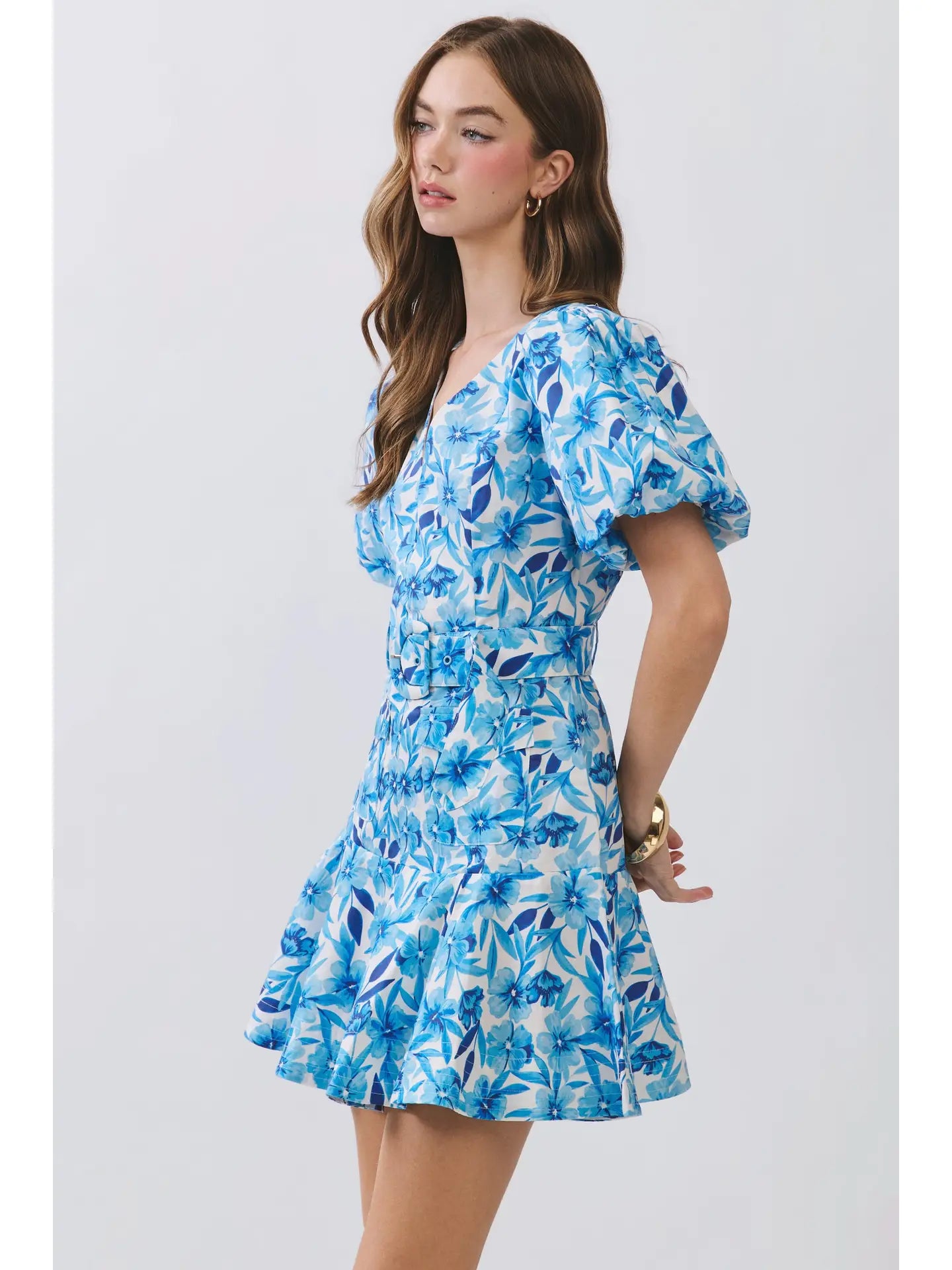 Blue Floral Print V Neckline Belted Mini Dress