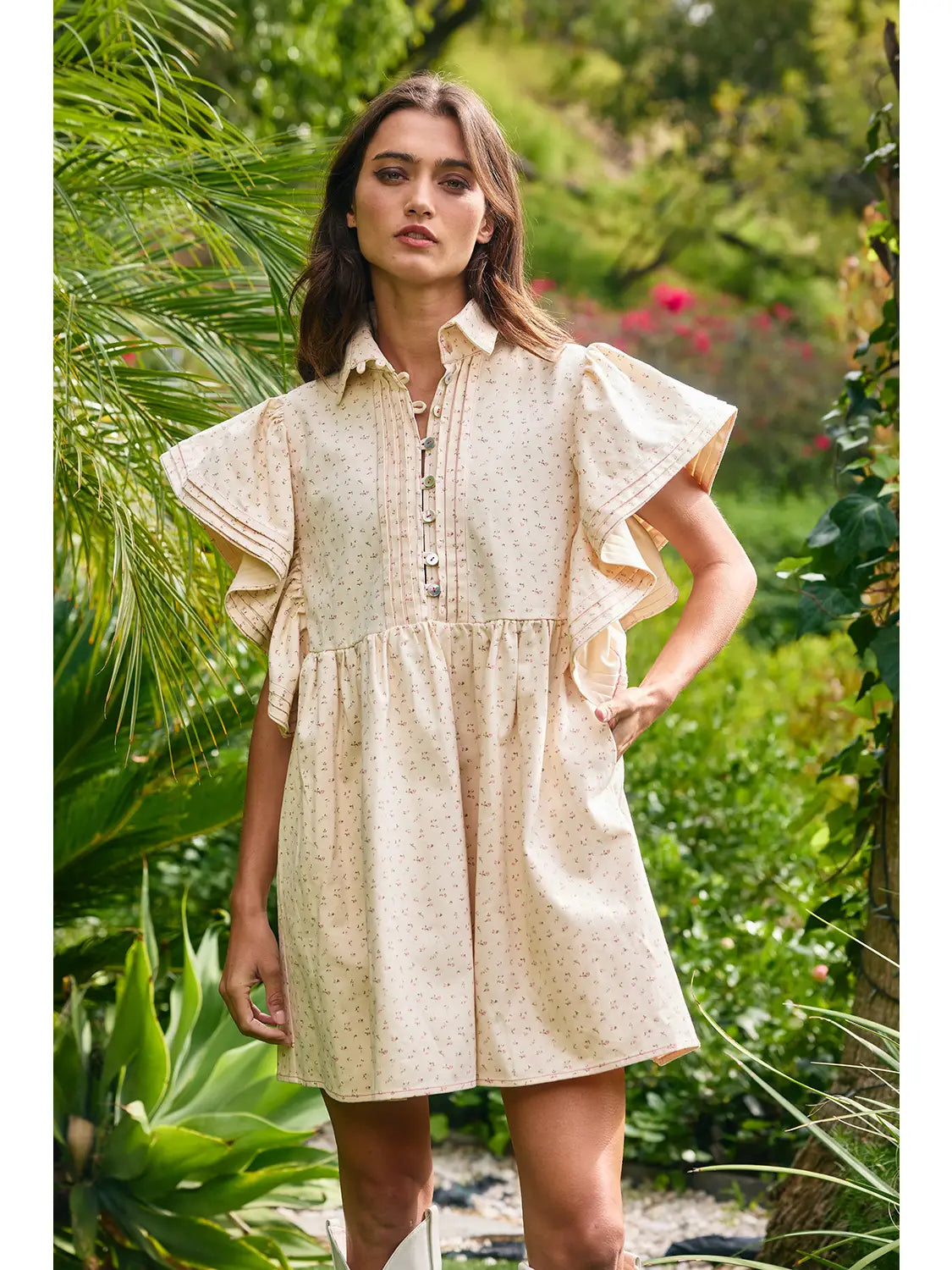 Floral Print Ruffled Sleeve Pintuck Mini Dress