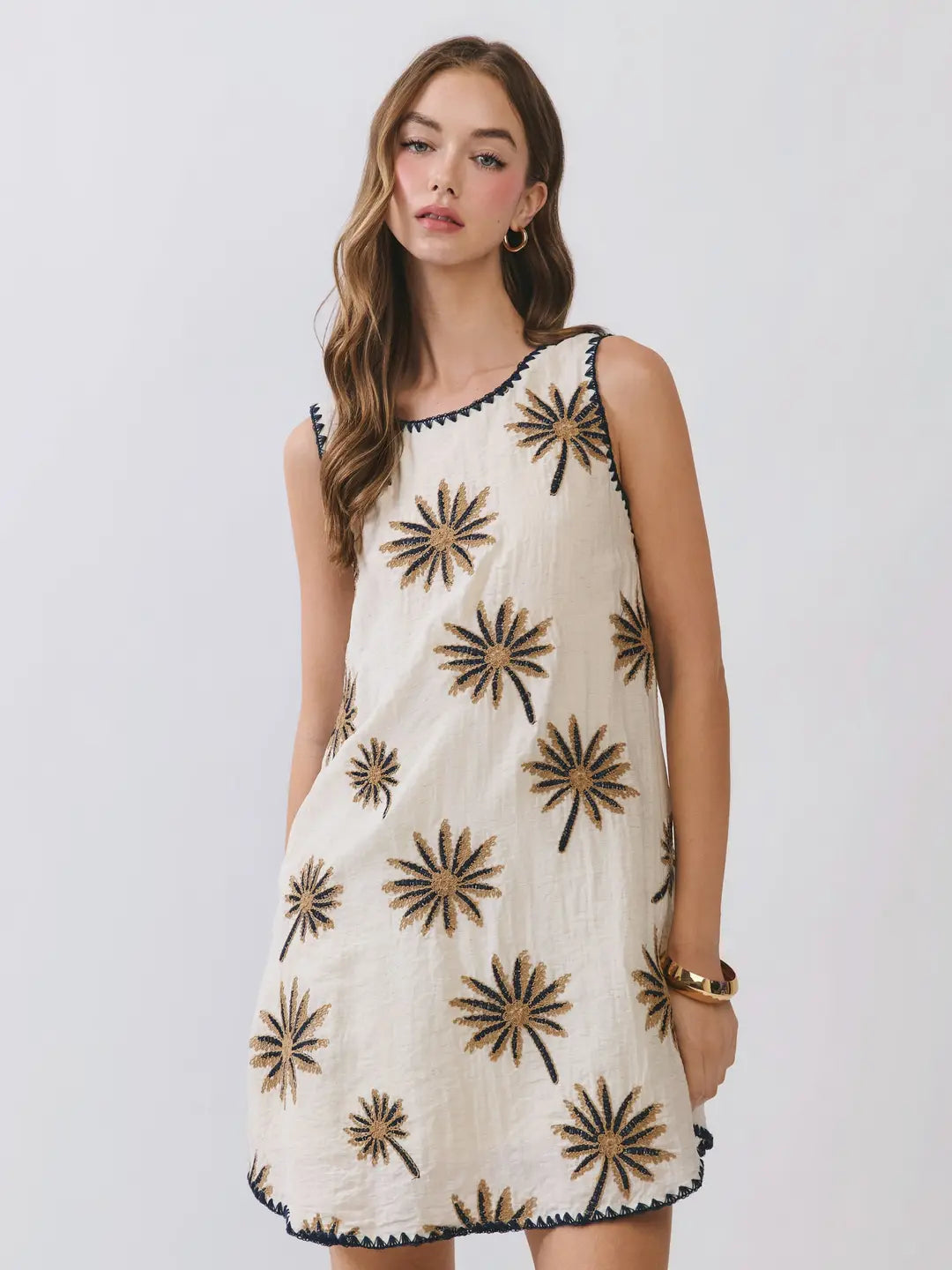 Palm Embroidered Swing Dress