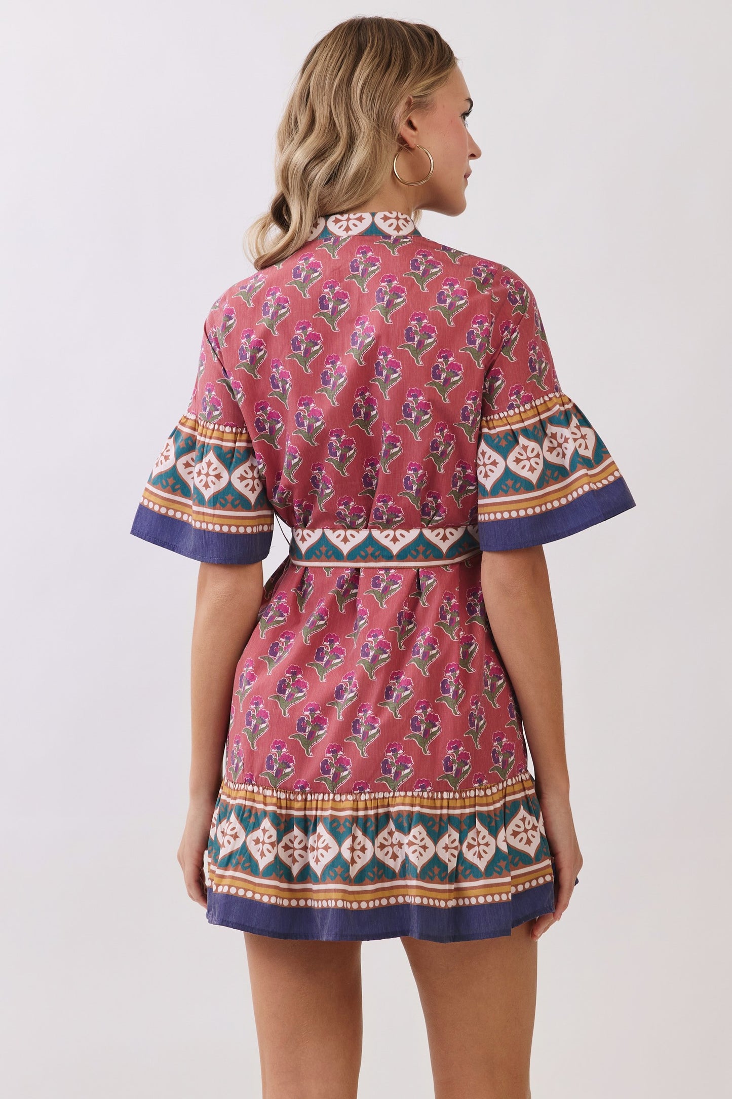 Printed Belted Mini Dress With Contrast Border