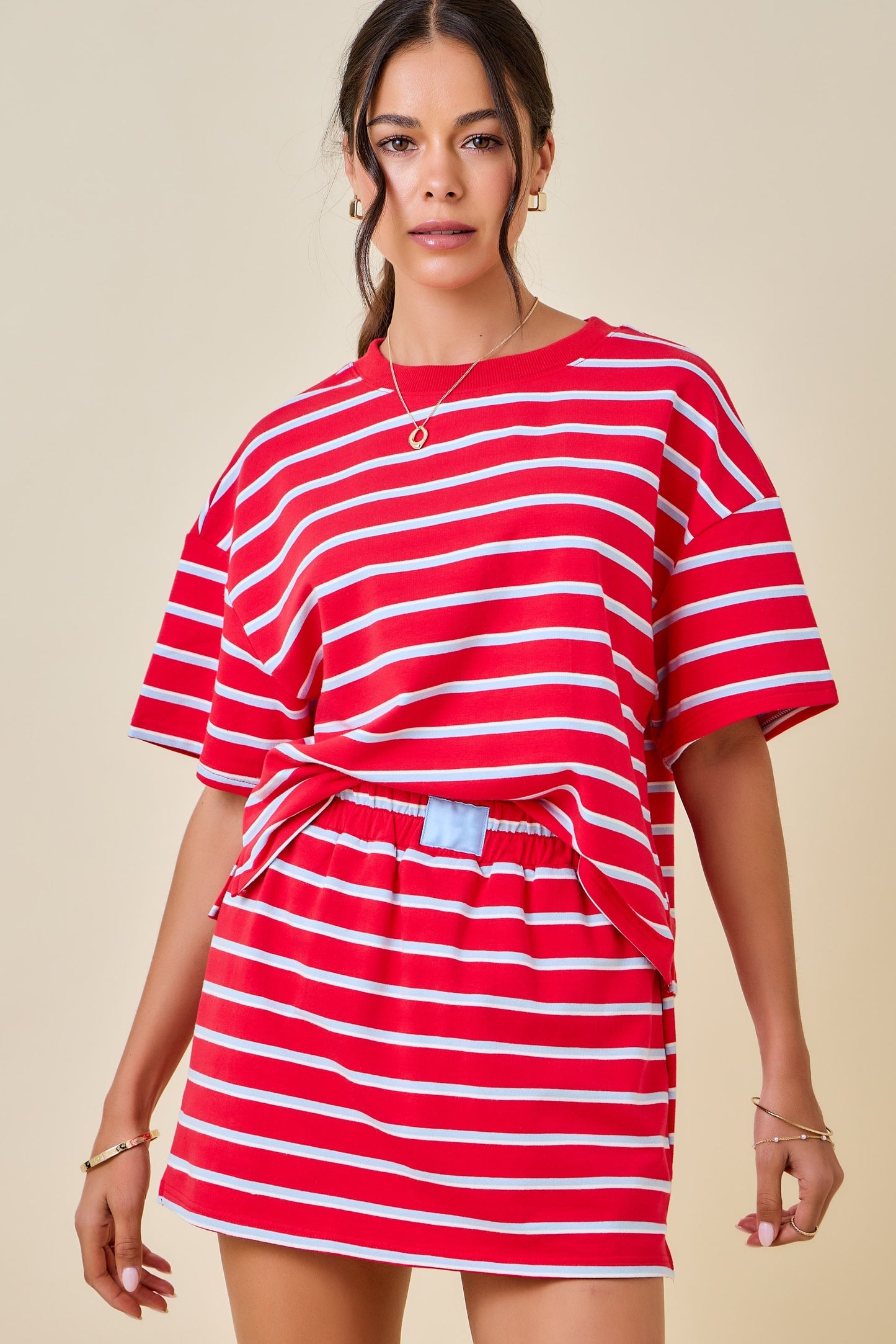 Striped Lounge Mini Skort W/ Elastic Waistband And Patch