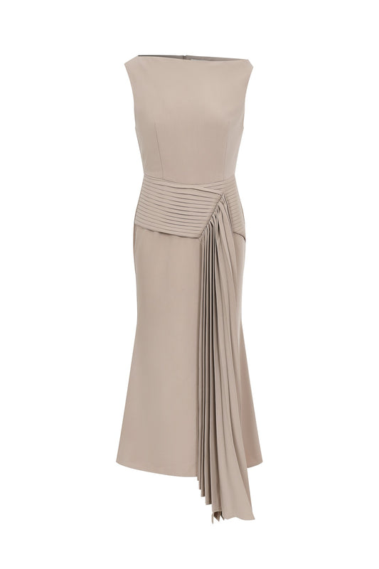 Woven Midi Dress W/ Pleated Waist Tie Detail
