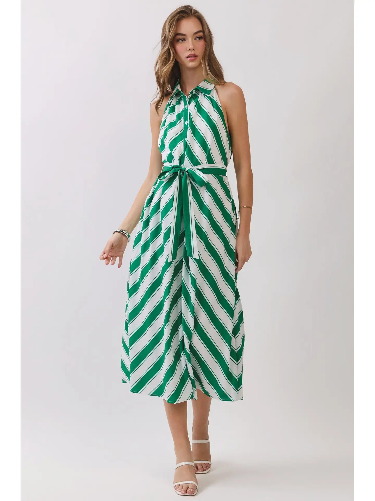 Striped Sleeveless Collared Midi Shirt Dress