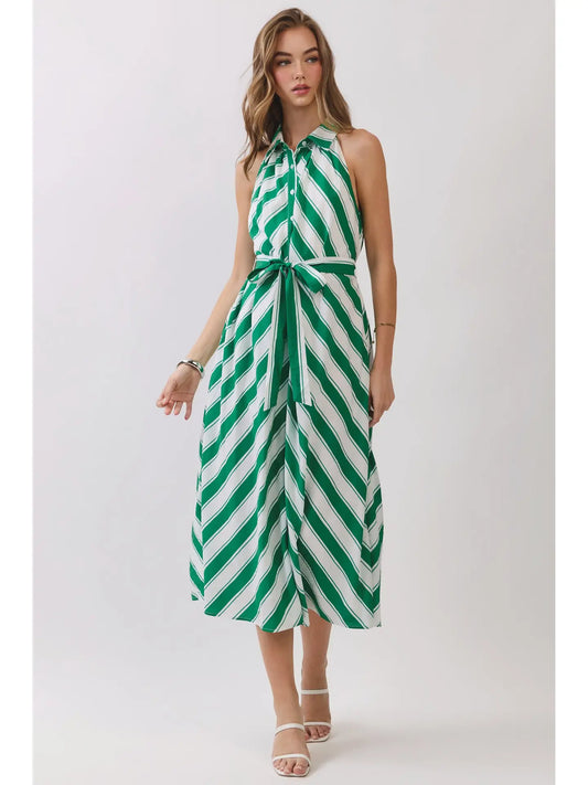 Striped Sleeveless Collared Midi Shirt Dress