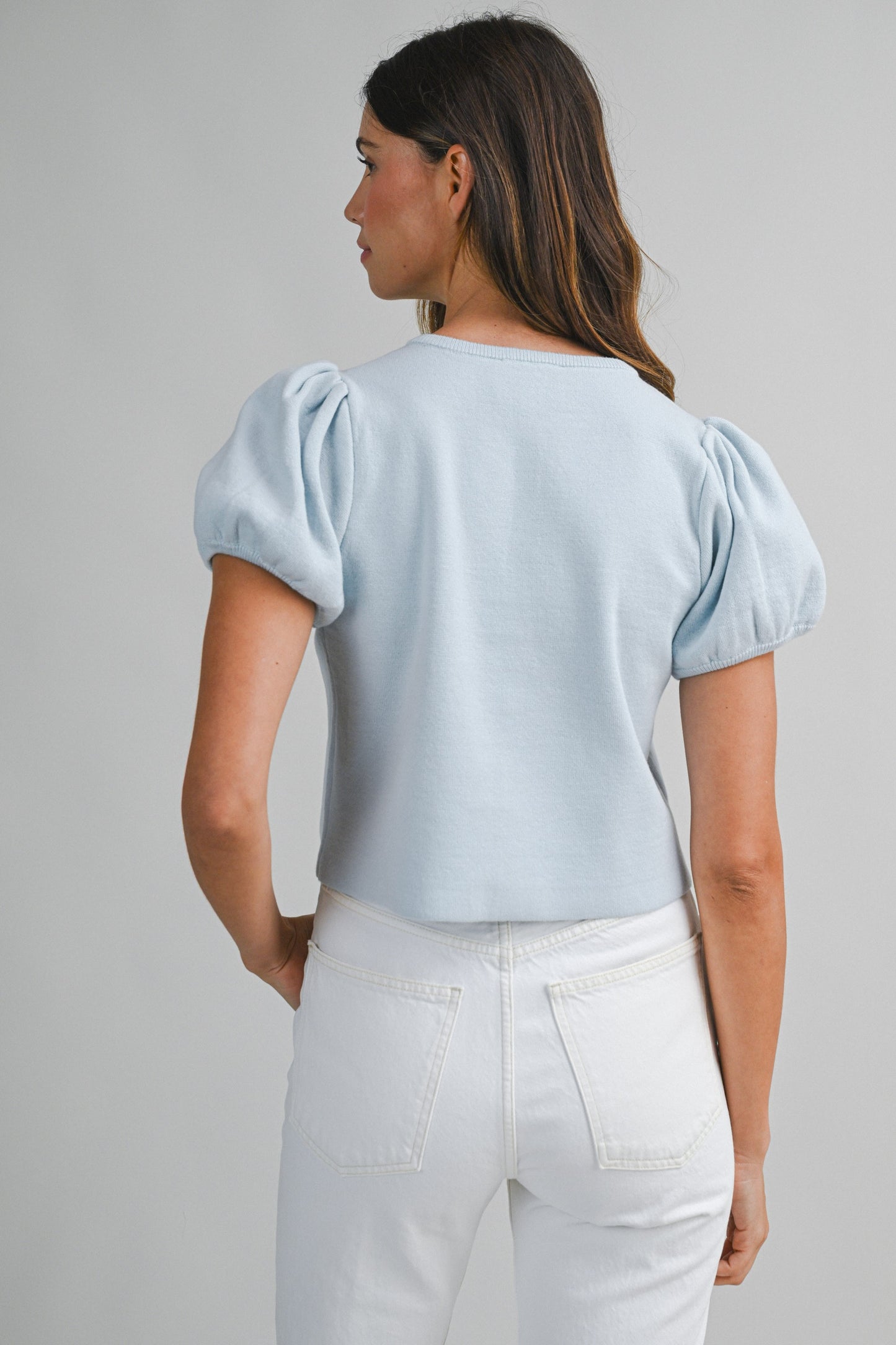 Embroidered Short Puff Sleeve Button Down Knit Top