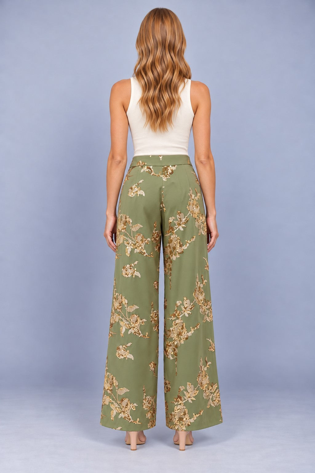 Gold Sequin Floral Wide Leg Pants