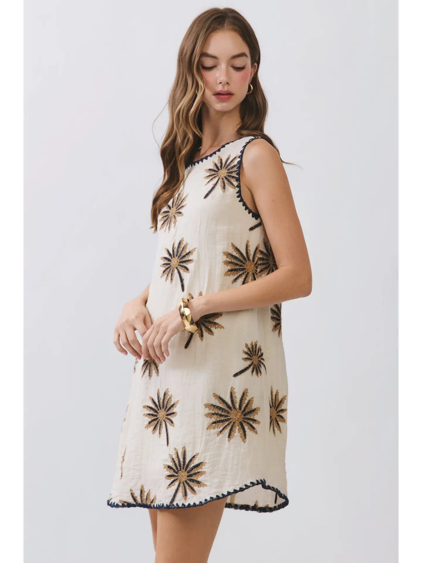 Palm Embroidered Swing Dress