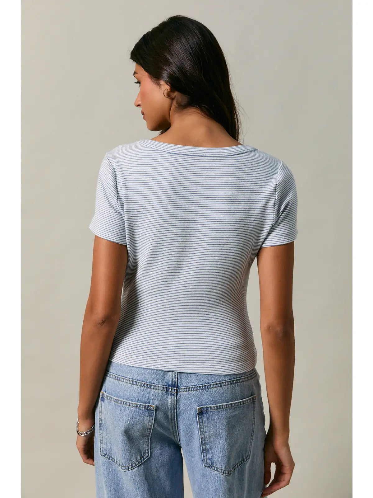 Scoop Neck Short Sleeve Top with Buttons