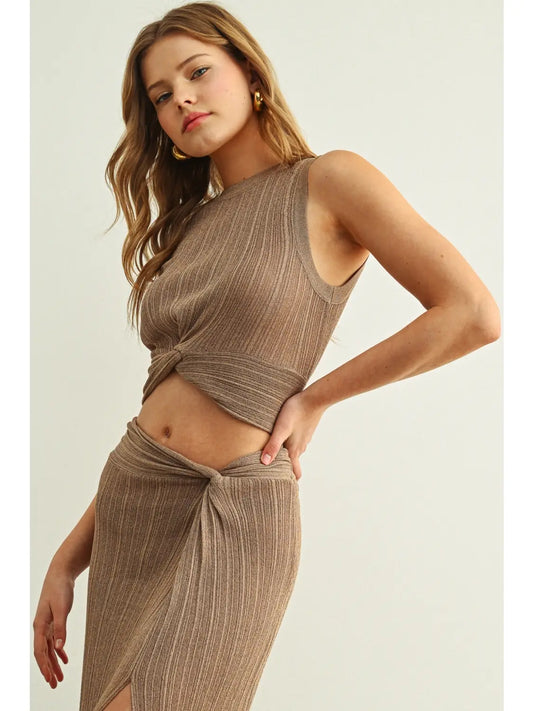 Ribbed Twist Front Sleeveless Knitted Top