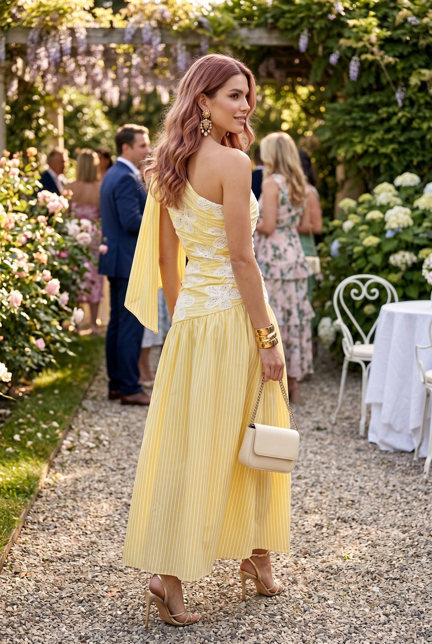One Shoulder Pleated Maxi Dress In Embroidery