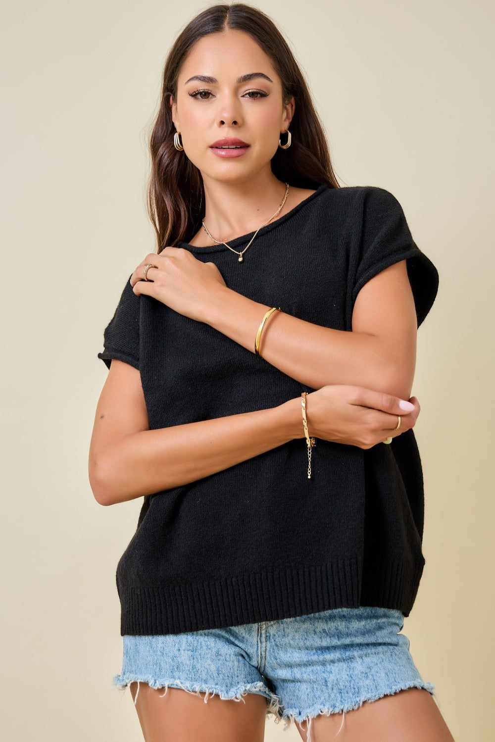 Cap Sleeve Sweater Knit Top With Rolled Edge Detail