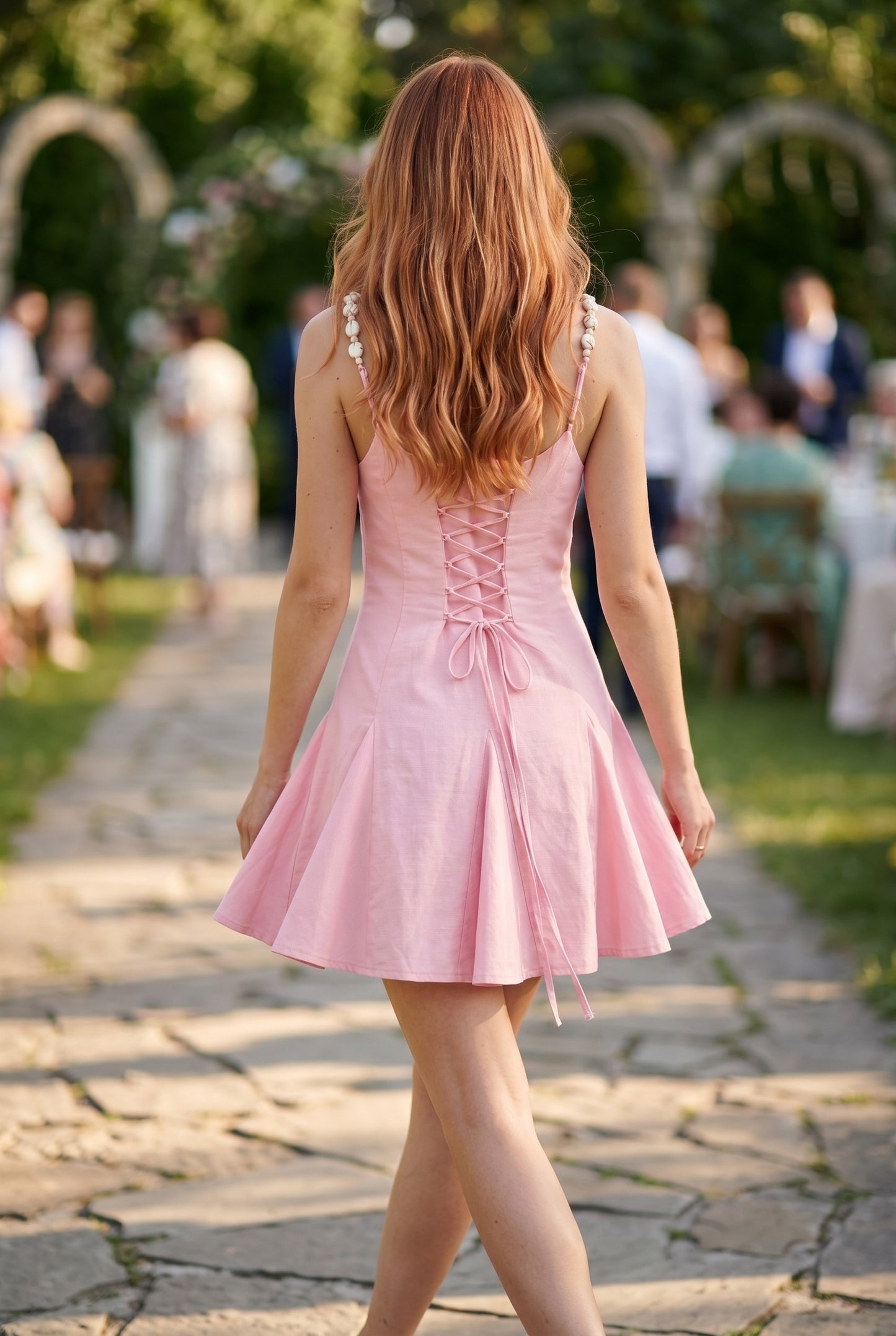 Beaded Strap Lace-up Mini Dress