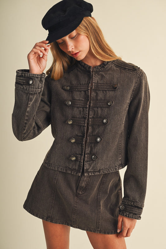 Mandarin Collar Military Denim Jacket