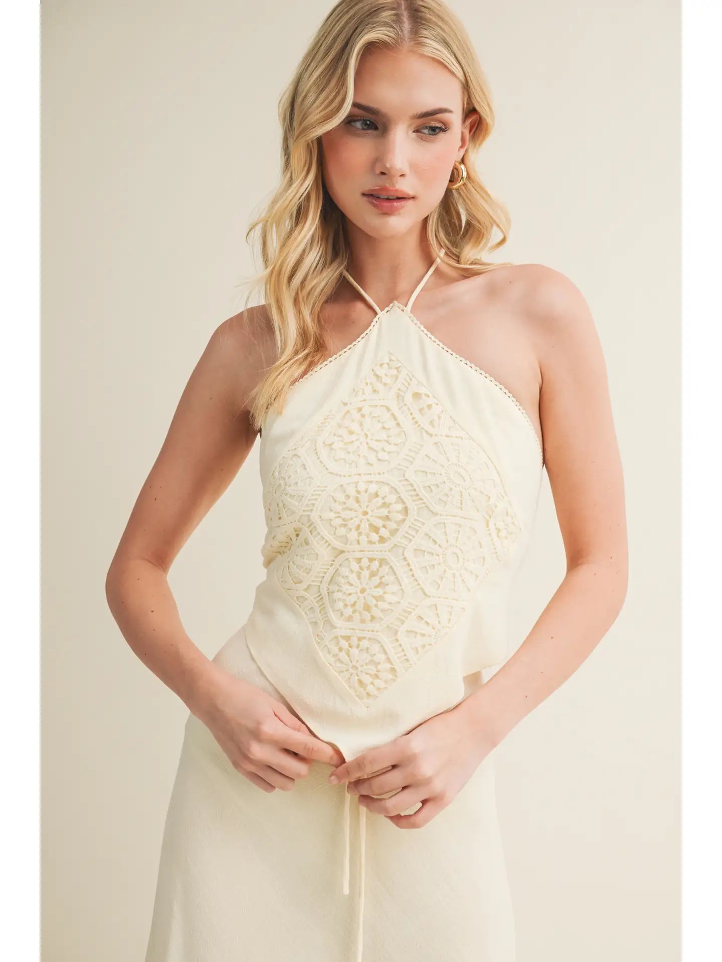 Halter Scarf Top With Cotton Lace Contrast