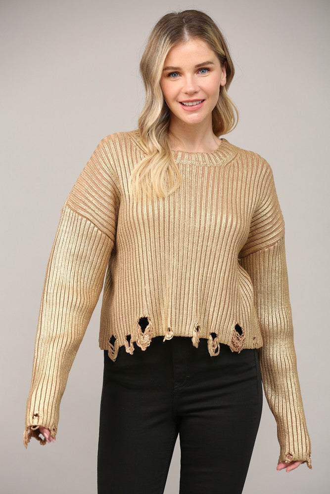 Distressed Detail Gold Foiled Sweater