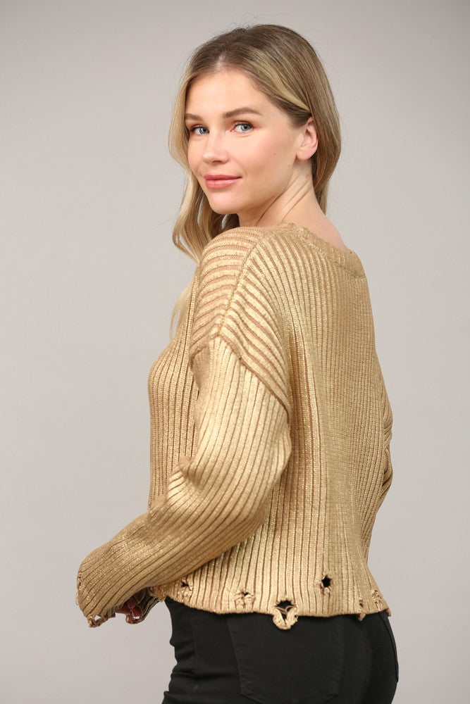 Distressed Detail Gold Foiled Sweater