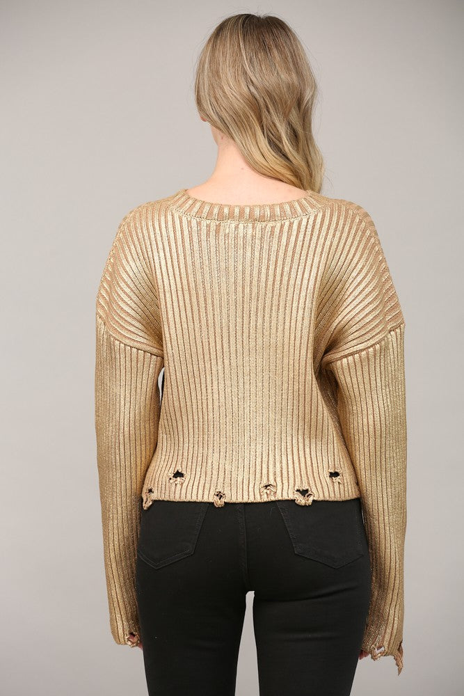 Distressed Detail Gold Foiled Sweater