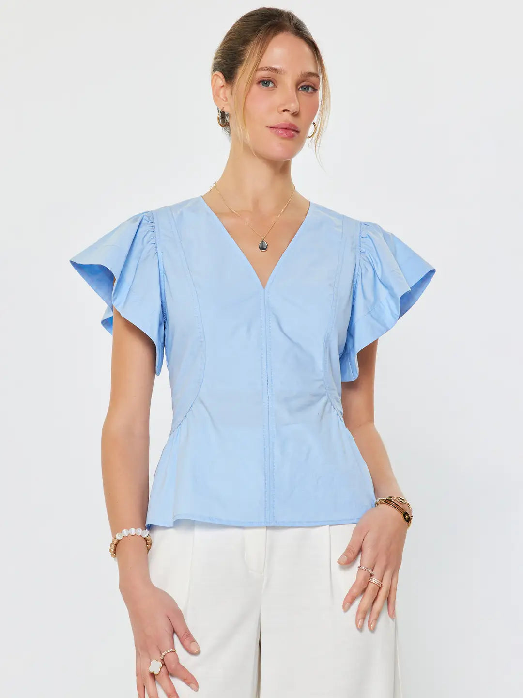 Short Sleeve V-Neck Back Zipper Closure Blouse