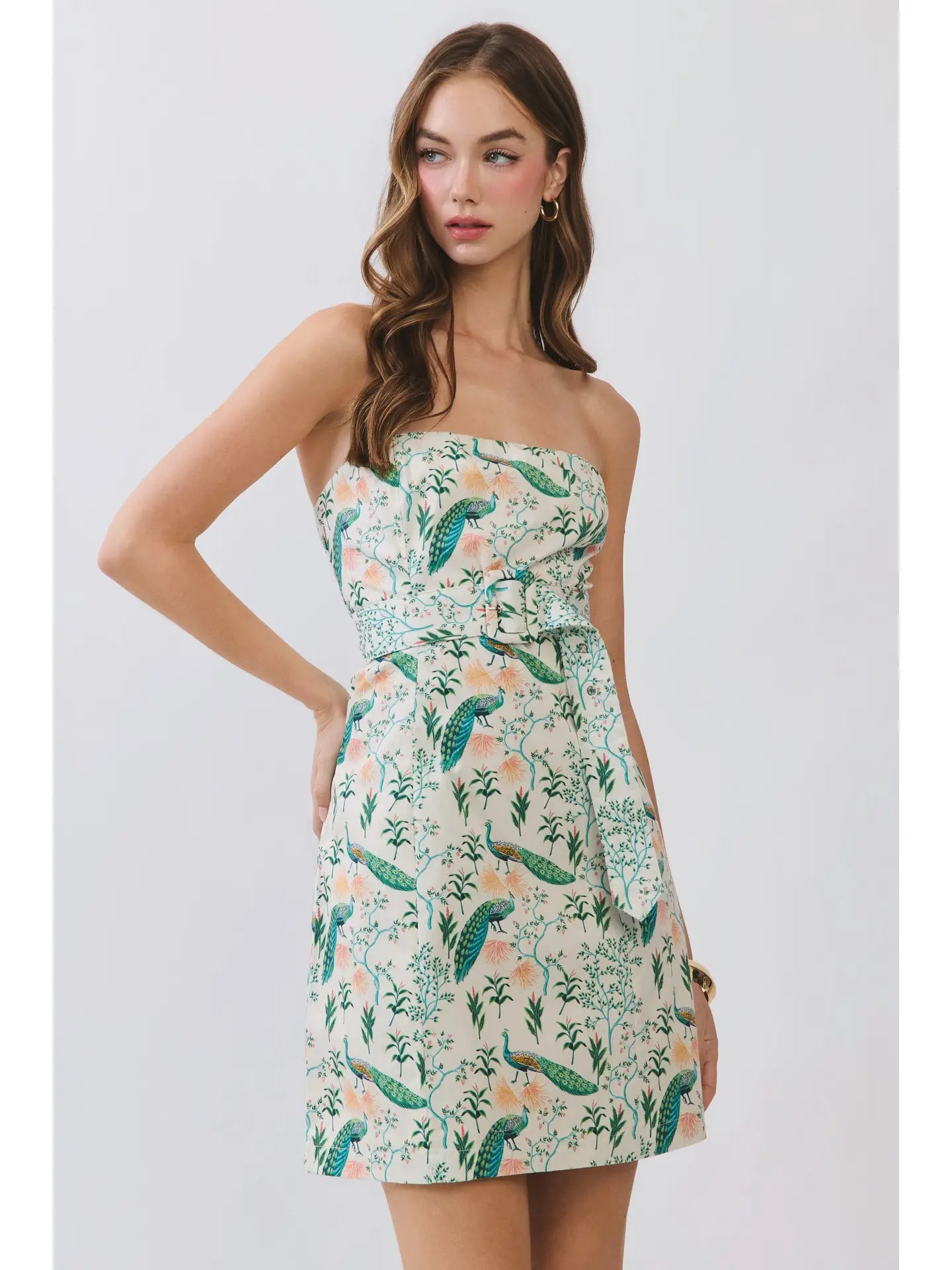 Peacock Print Strapless Mini Dress