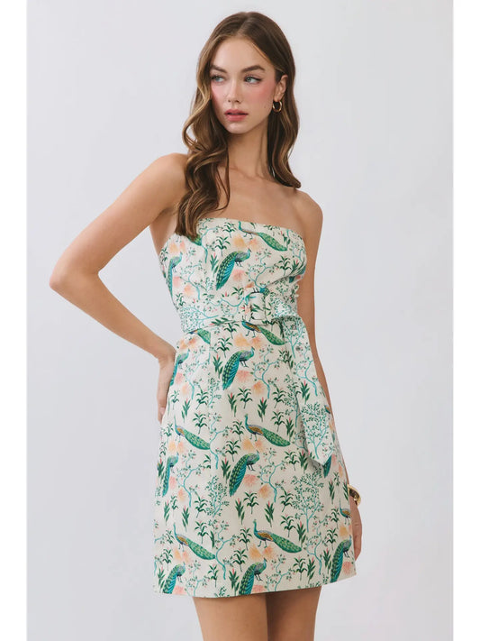 Peacock Print Strapless Mini Dress