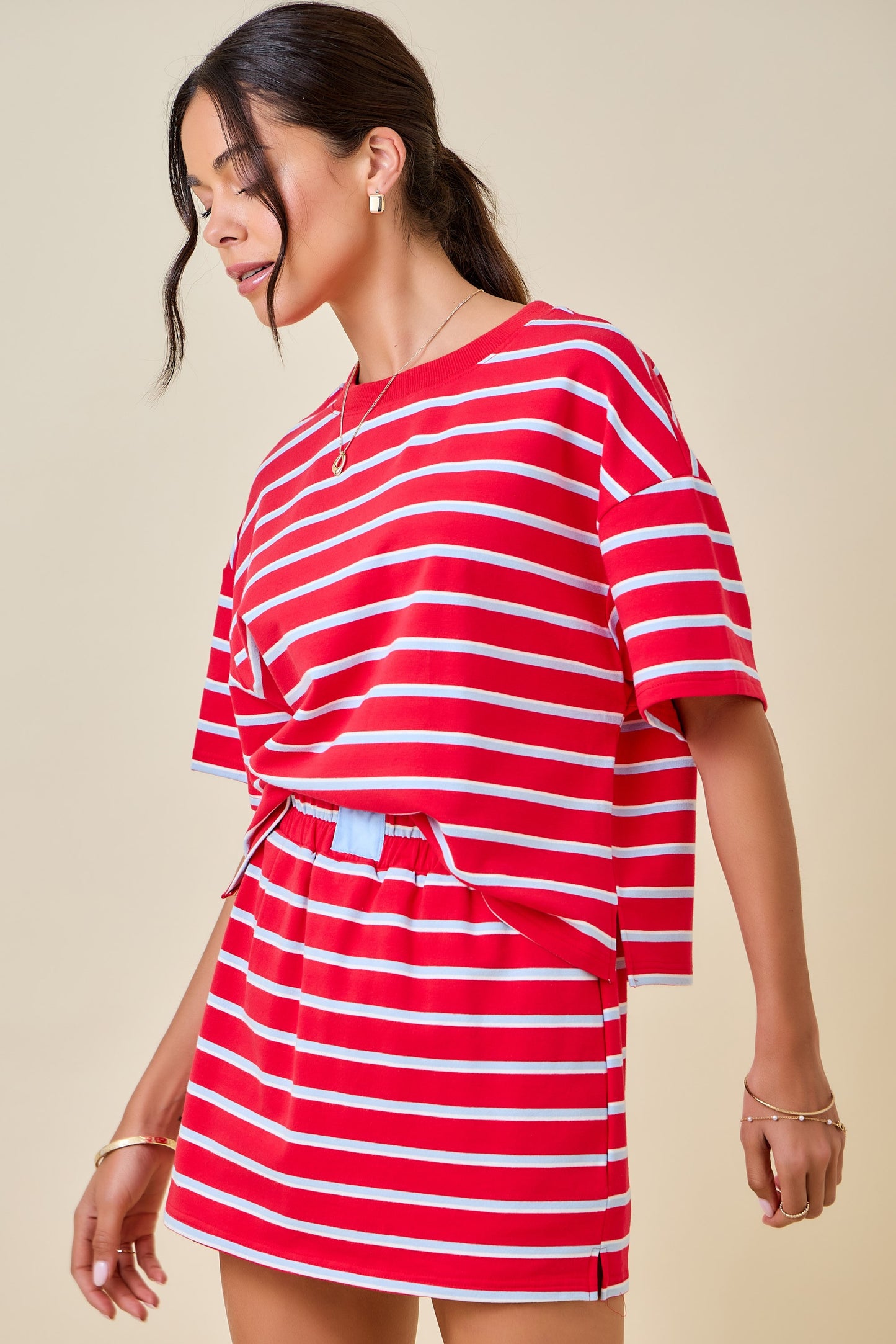 Striped Lounge Mini Skort W/ Elastic Waistband And Patch