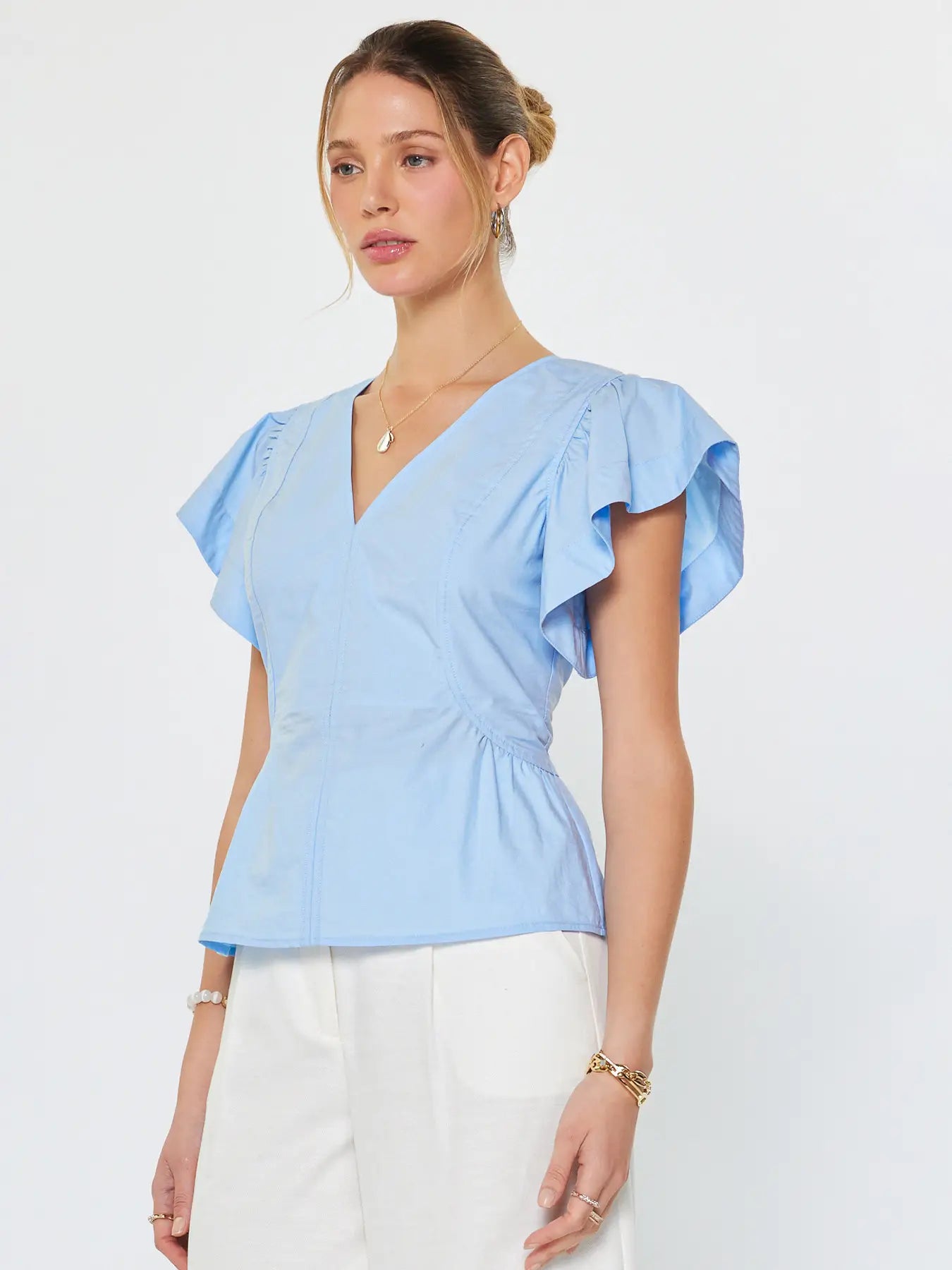 Short Sleeve V-Neck Back Zipper Closure Blouse