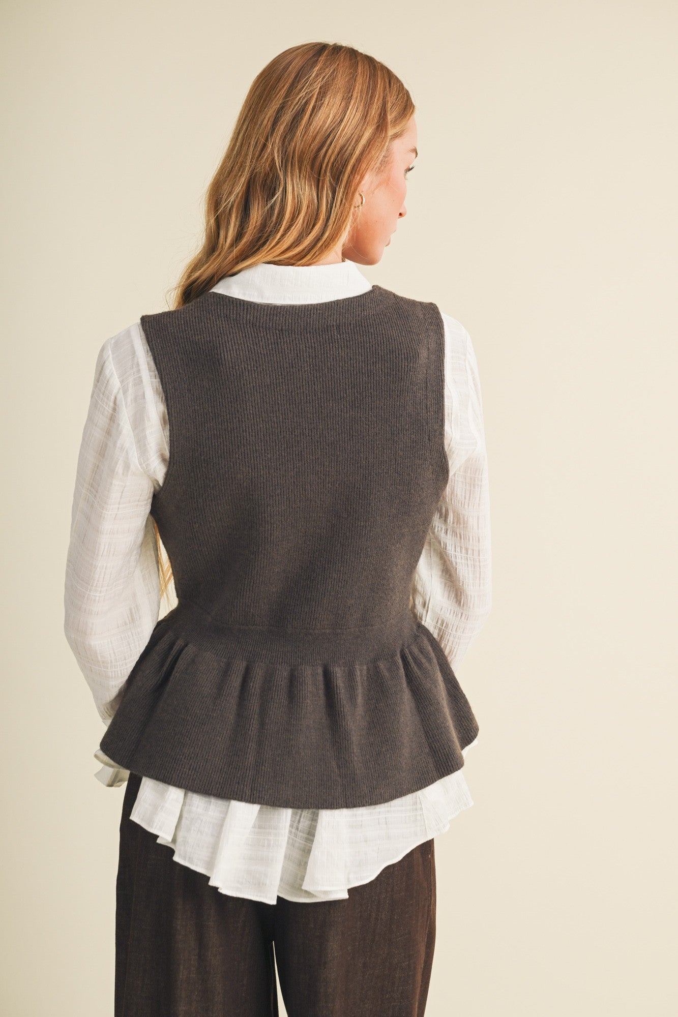 Rib Knit Peplum Button-front Vest