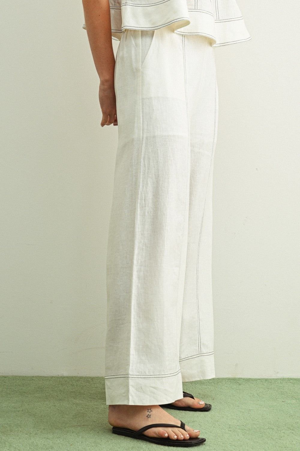 Stitch Detailed Wide Leg Linen Pants