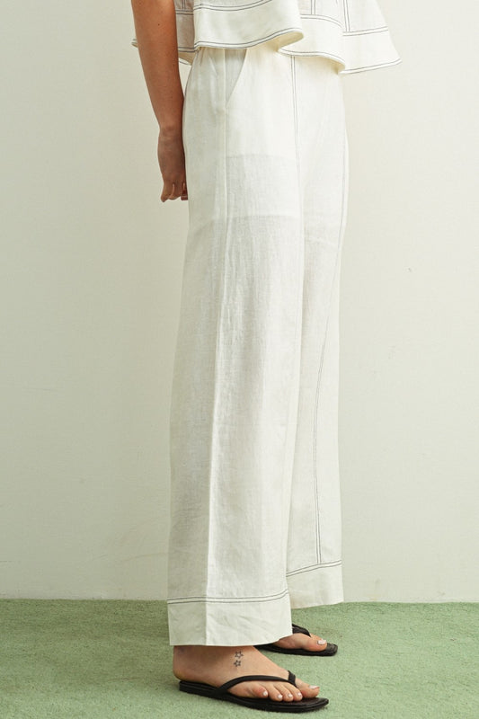 Stitch Detailed Wide Leg Linen Pants