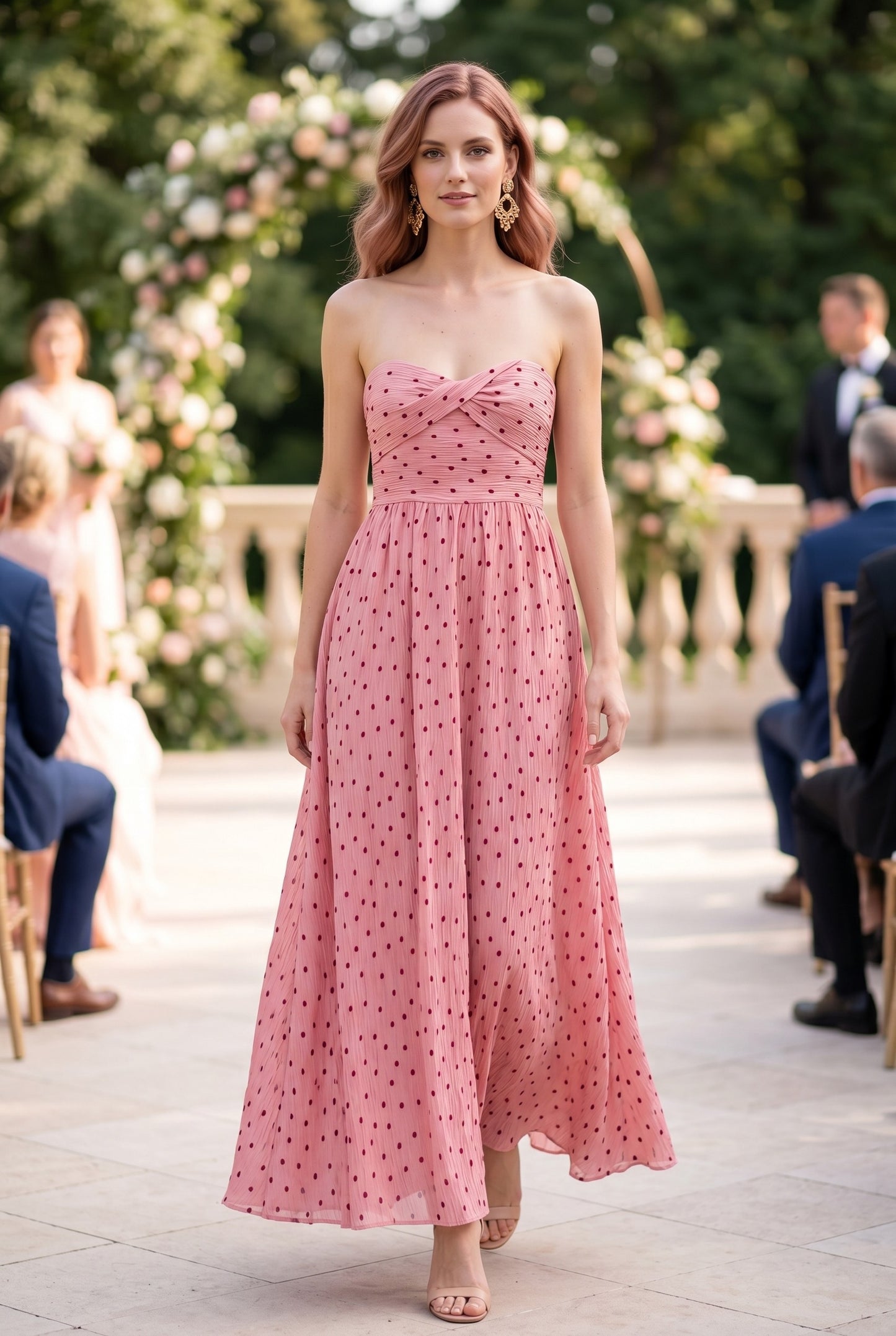 Textured Polka Dot Strapless Maxi Dress